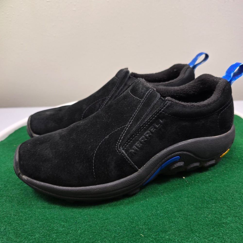 Merrell Black Slip-On Suede Flats with Blue Accents